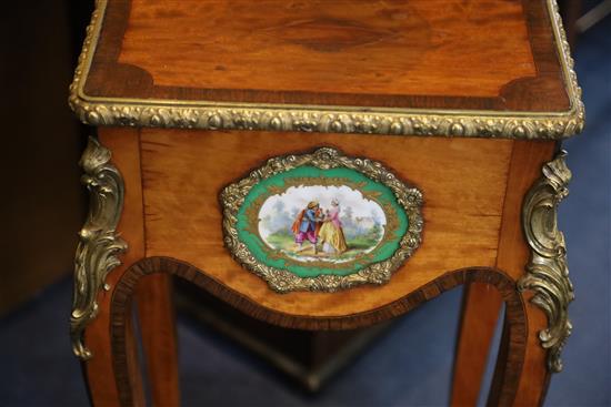 A pair of Louis XVI style ormolu mounted satinwood gueridons, W.1ft 2in. D. 9in. H.2ft 3.5in.